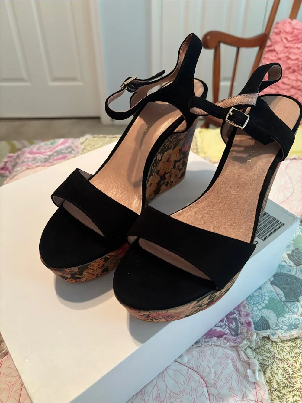 Anthropologie Black Suede Floral Cork-Style Platform Wedge Sandals